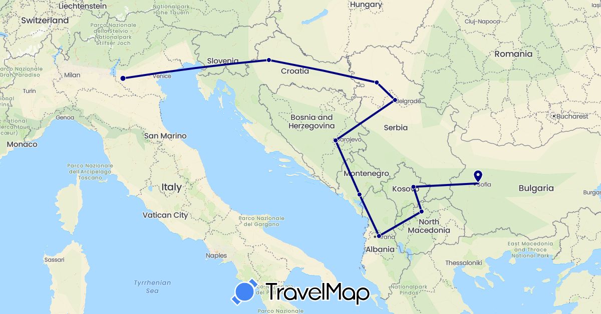 TravelMap itinerary: driving in Albania, Bosnia and Herzegovina, Bulgaria, Croatia, Italy, Montenegro, Macedonia, Serbia, Kosovo (Europe)