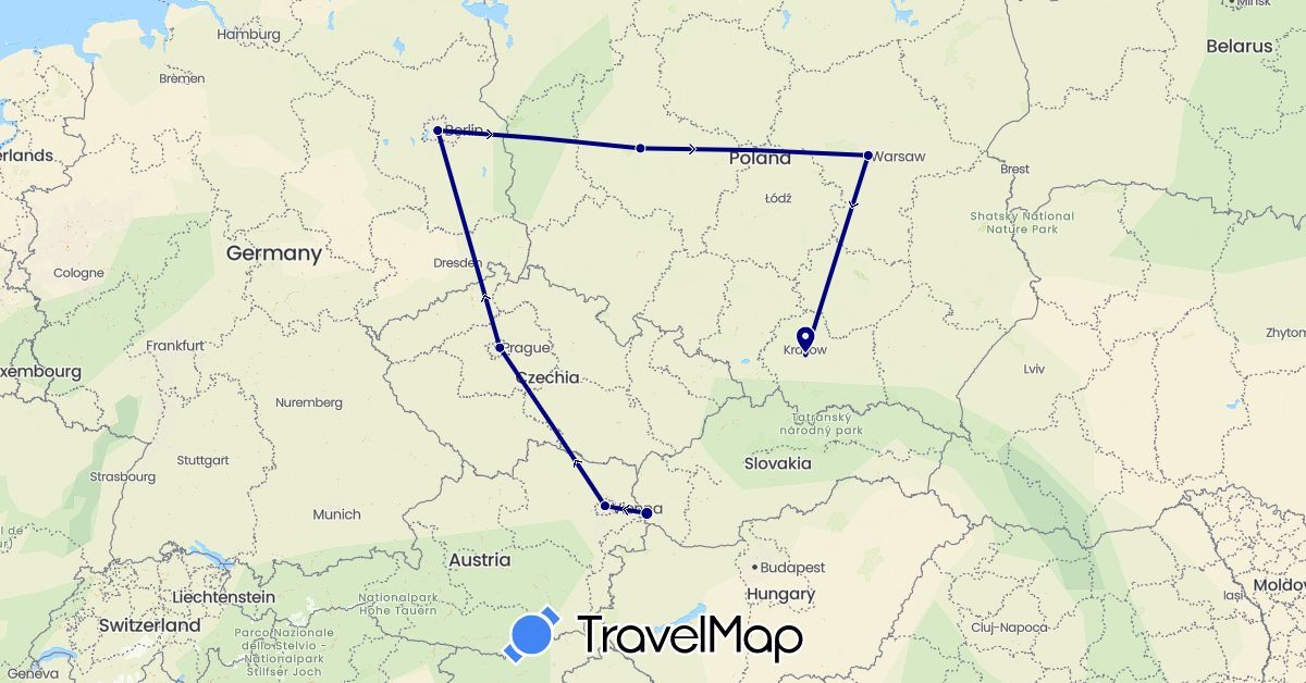 TravelMap itinerary: driving in Austria, Czech Republic, Germany, Poland, Slovakia (Europe)