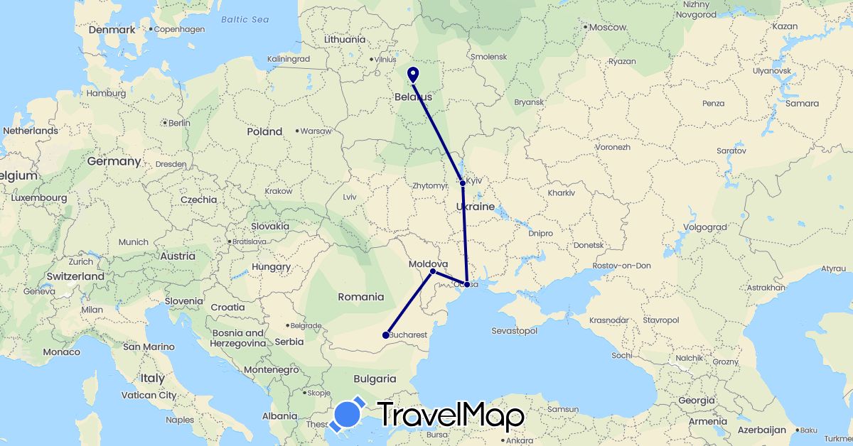 TravelMap itinerary: driving in Belarus, Moldova, Romania, Ukraine (Europe)