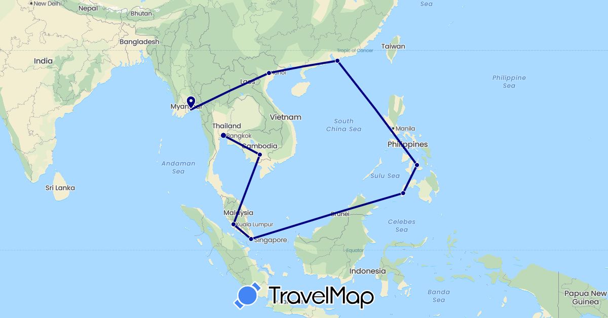 TravelMap itinerary: driving in China, Cambodia, Laos, Myanmar (Burma), Malaysia, Philippines, Singapore, Thailand (Asia)