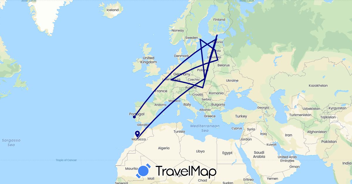 TravelMap itinerary: driving in Estonia, Finland, Hungary, Lithuania, Luxembourg, Latvia, Morocco, Poland, Portugal, Sweden (Africa, Europe)